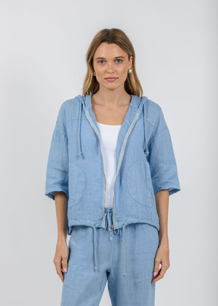 Elliott Lauren Zip Front Linen Jacket in Amalfi Blue available at Barbara Katz