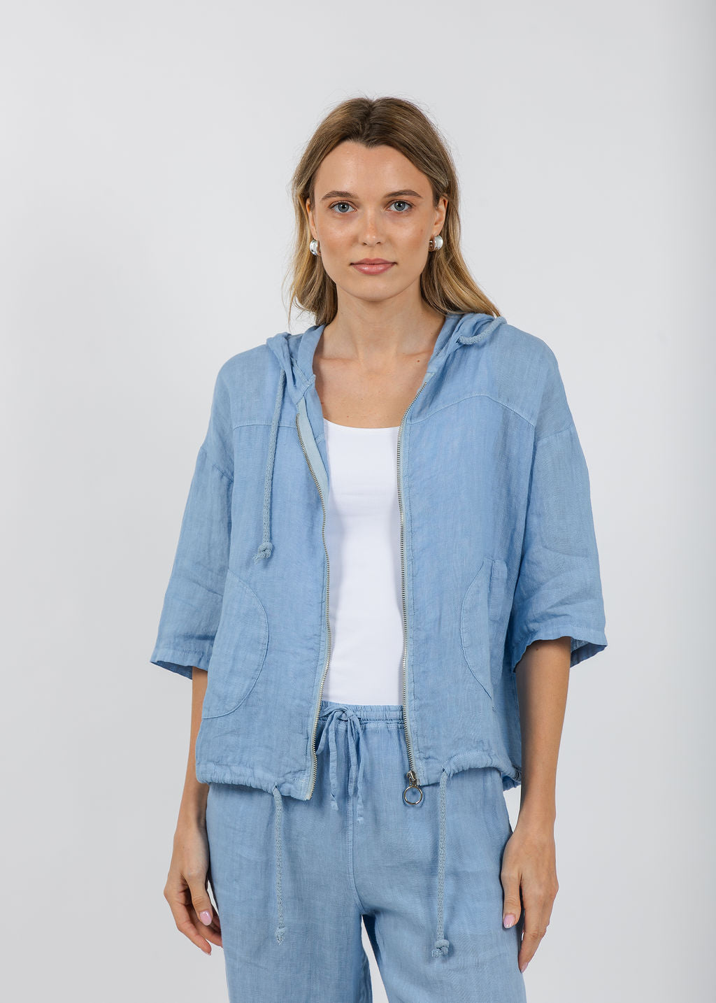 Elliott Lauren Zip Front Linen Jacket in Amalfi Blue available at Barbara Katz