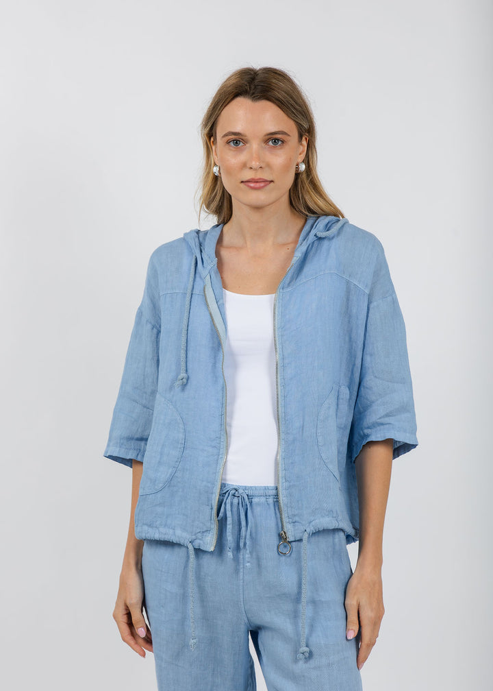 Elliott Lauren Zip Front Linen Jacket in Amalfi Blue available at Barbara Katz