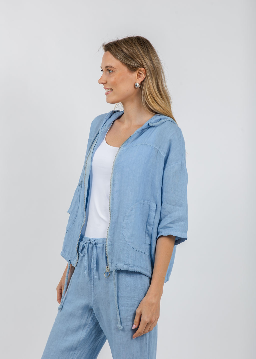 Elliott Lauren Zip Front Linen Jacket in Amalfi Blue available at Barbara Katz