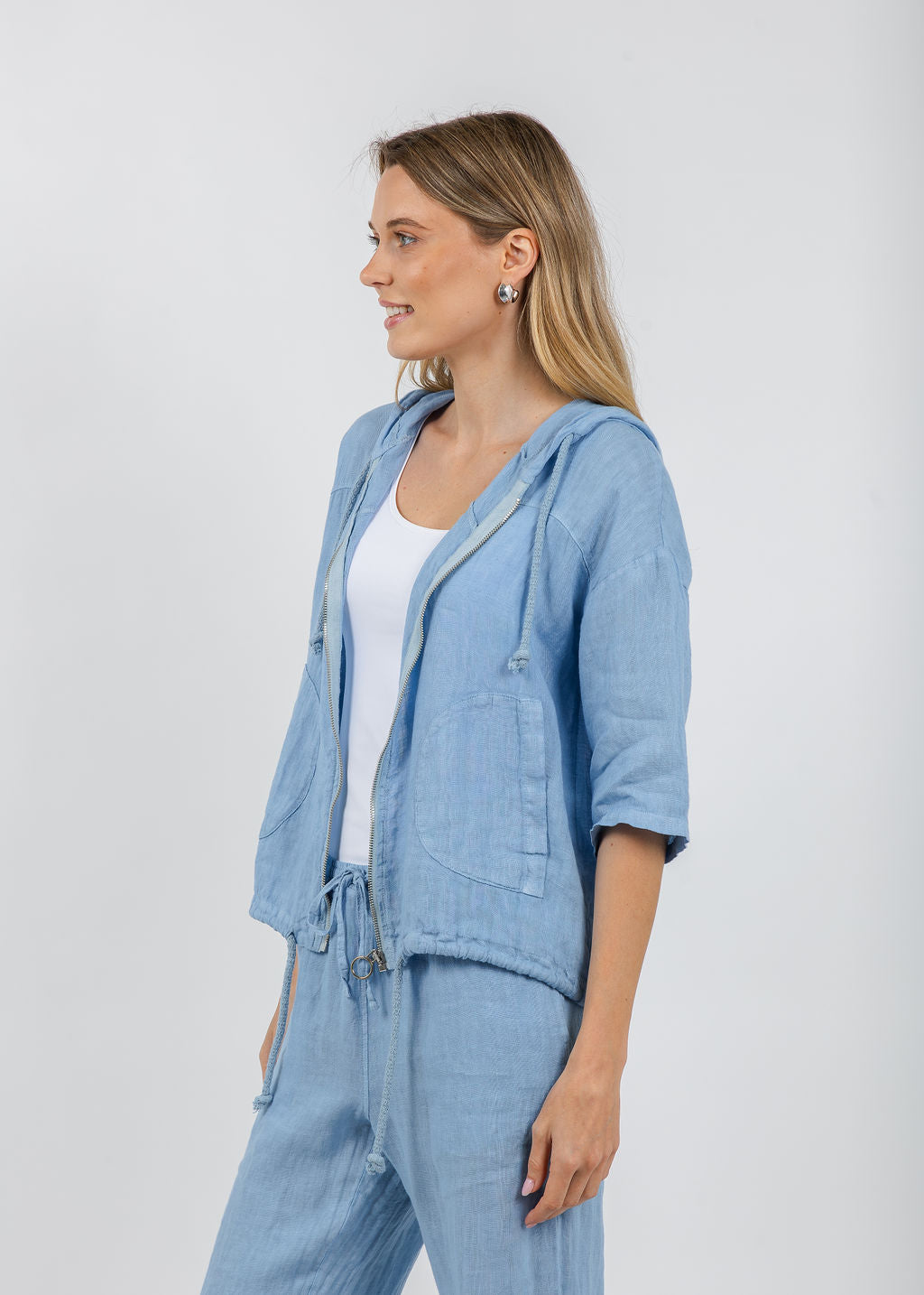 Elliott Lauren Zip Front Linen Jacket in Amalfi Blue available at Barbara Katz