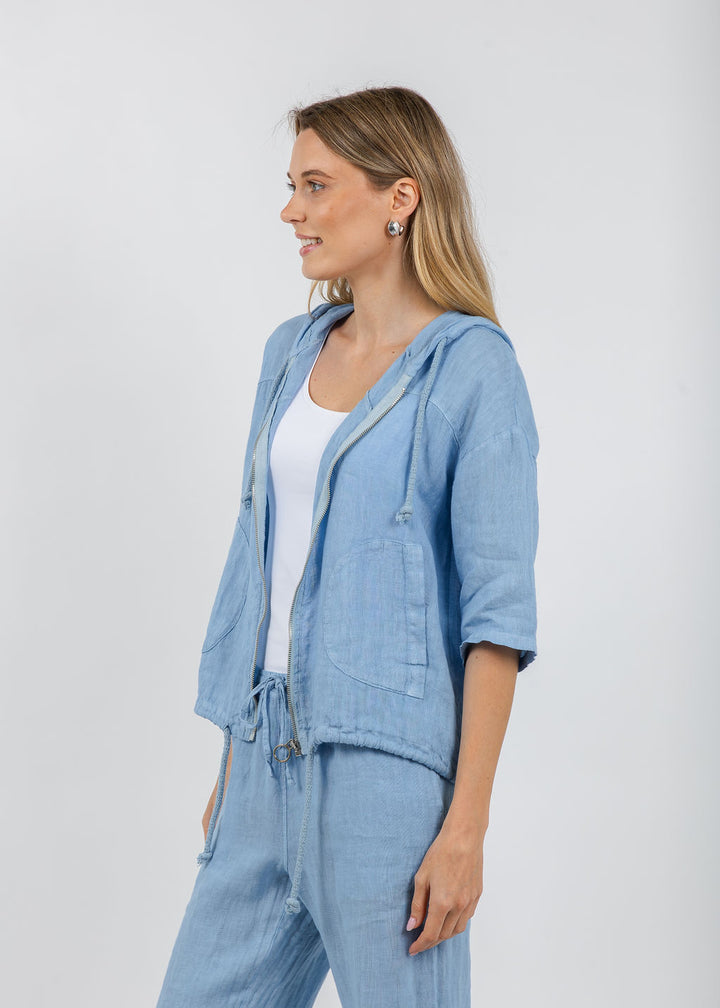 Elliott Lauren Zip Front Linen Jacket in Amalfi Blue available at Barbara Katz