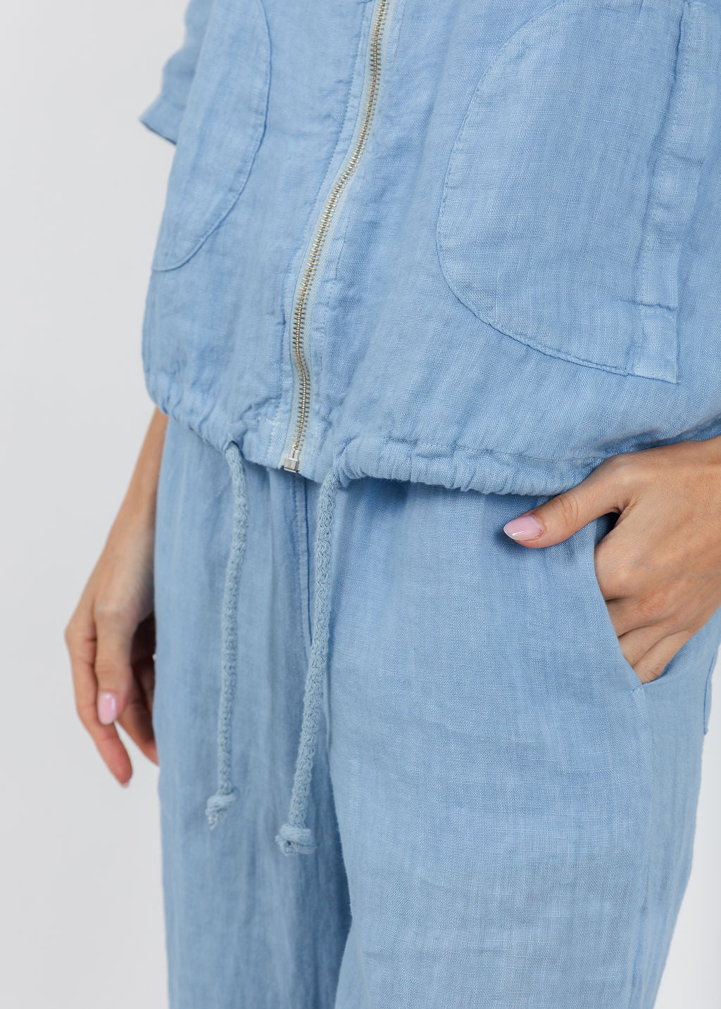 Elliott Lauren Zip Front Linen Jacket in Amalfi Blue available at Barbara Katz