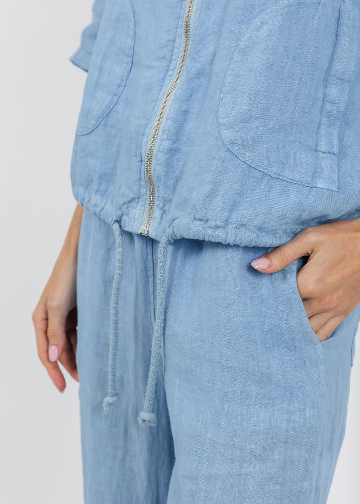 Elliott Lauren Zip Front Linen Jacket in Amalfi Blue available at Barbara Katz