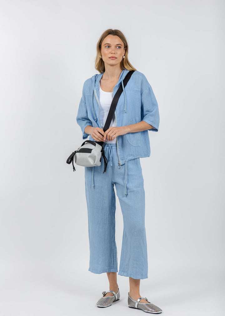 Elliott Lauren Zip Front Linen Jacket in Amalfi Blue paired with matching Drawstring Pull-On Crop Linen Pants available at Barbara Katz