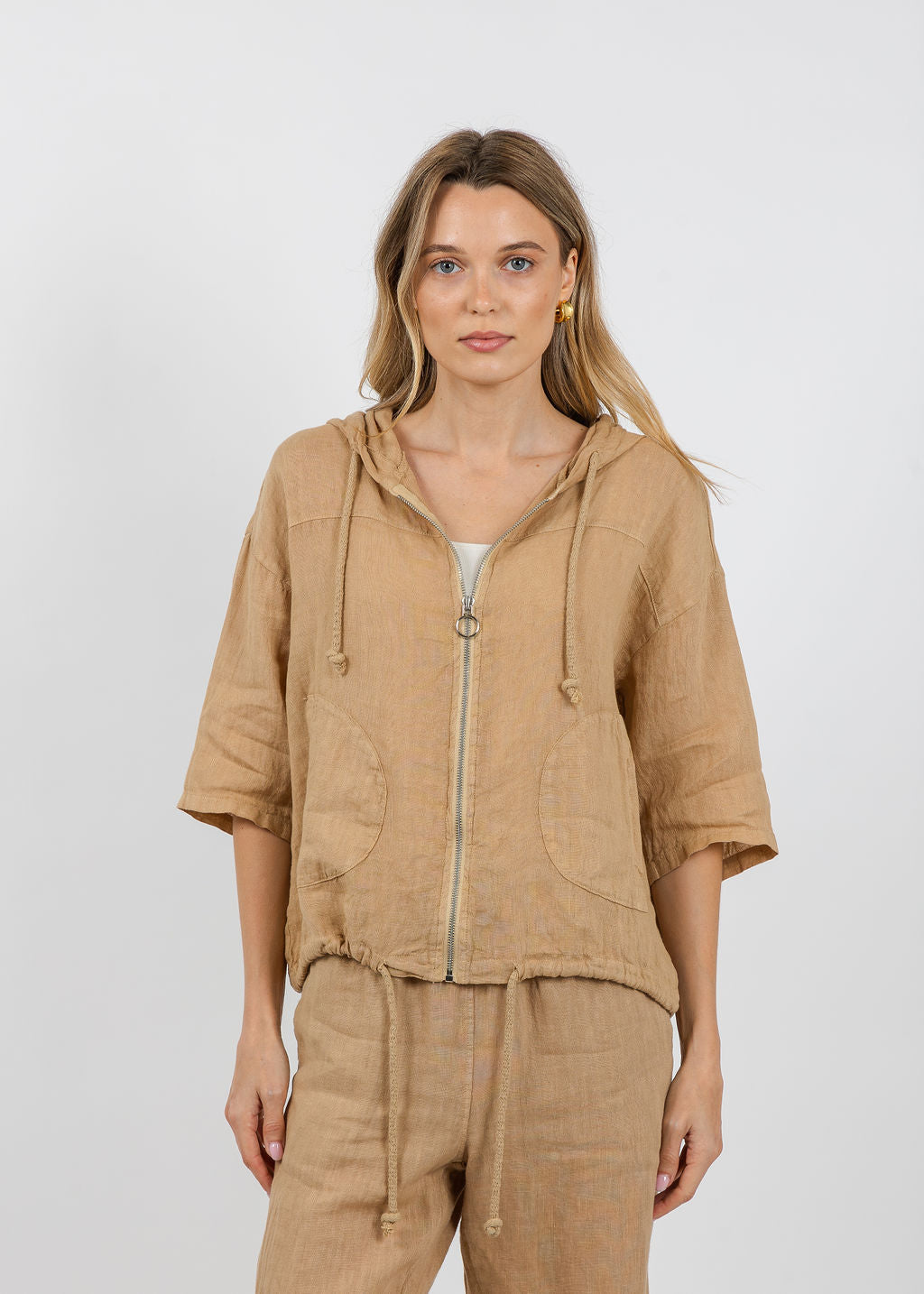 Elliott Lauren Zip Front Linen Jacket in Macchiato available at Barbara Katz