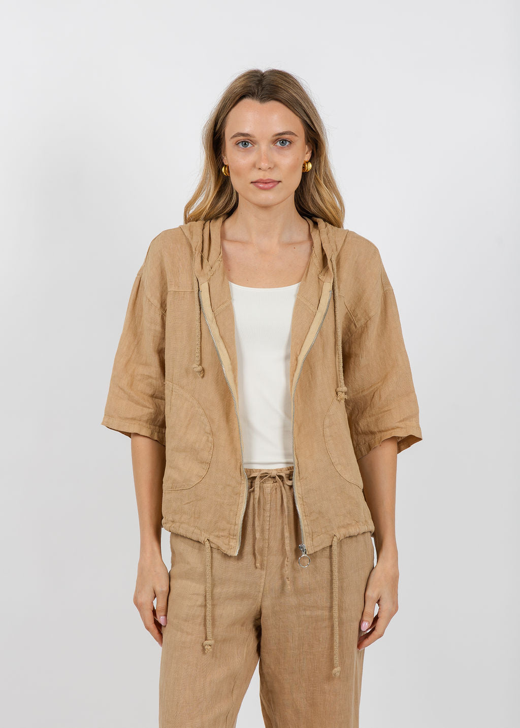 Elliott Lauren Zip Front Linen Jacket in Macchiato available at Barbara Katz
