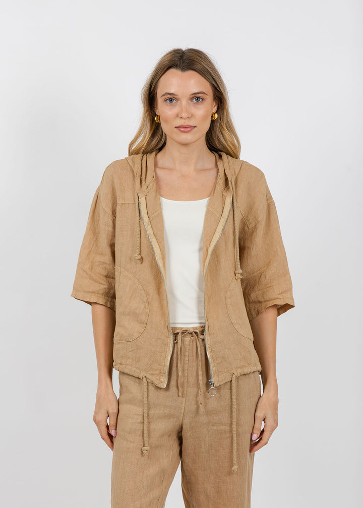 Elliott Lauren Zip Front Linen Jacket in Macchiato available at Barbara Katz
