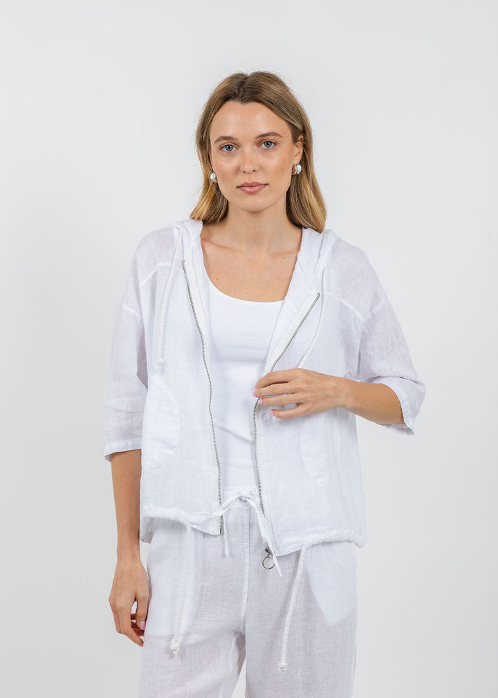 Elliott Lauren Zip Front Linen Jacket in White available at Barbara Katz