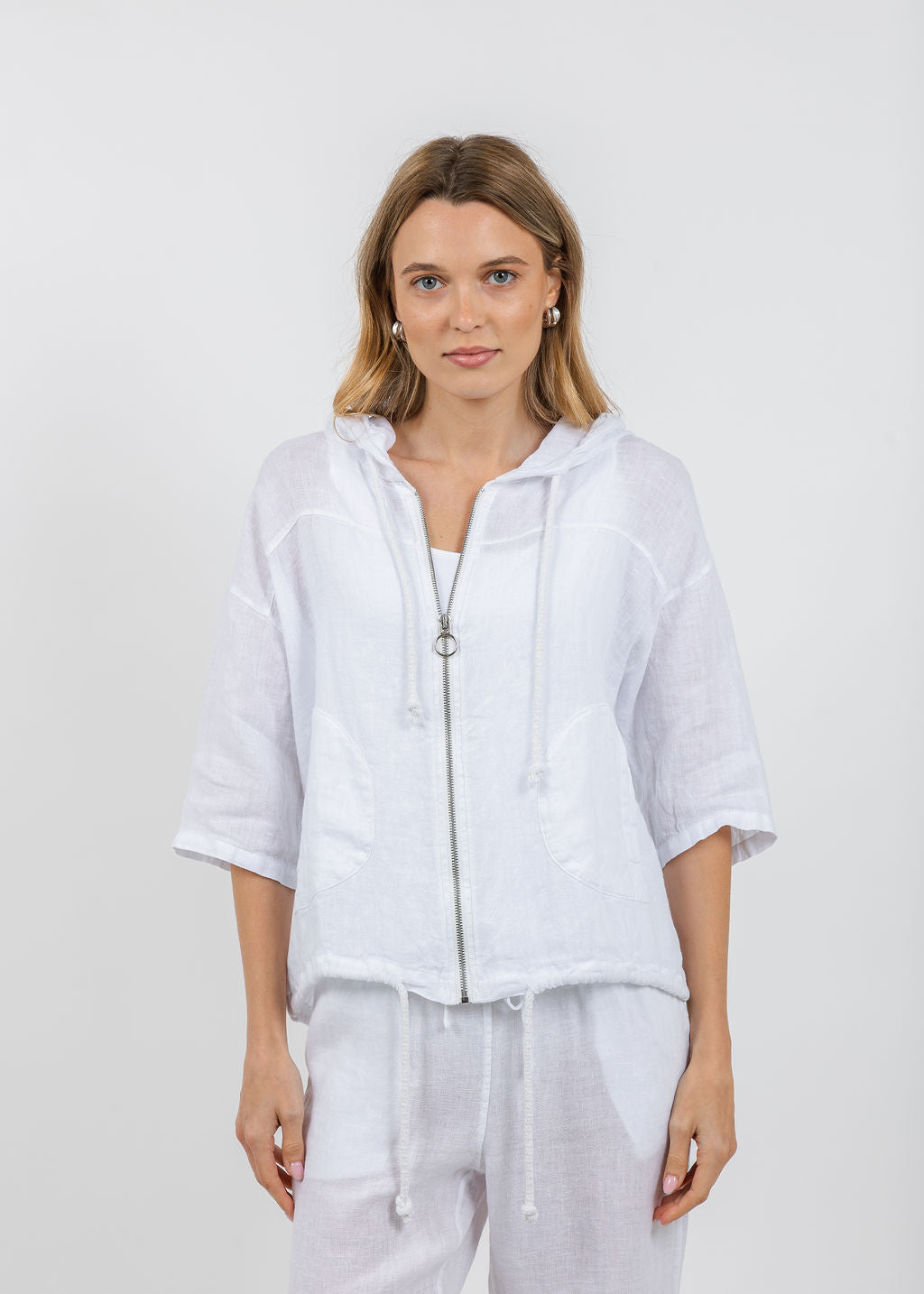 Elliott Lauren Zip Front Linen Jacket in White available at Barbara Katz