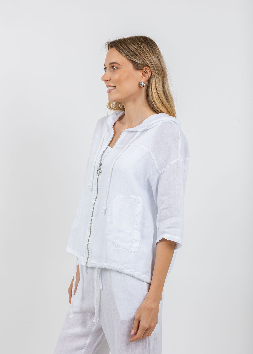 Elliott Lauren Zip Front Linen Jacket in White available at Barbara Katz