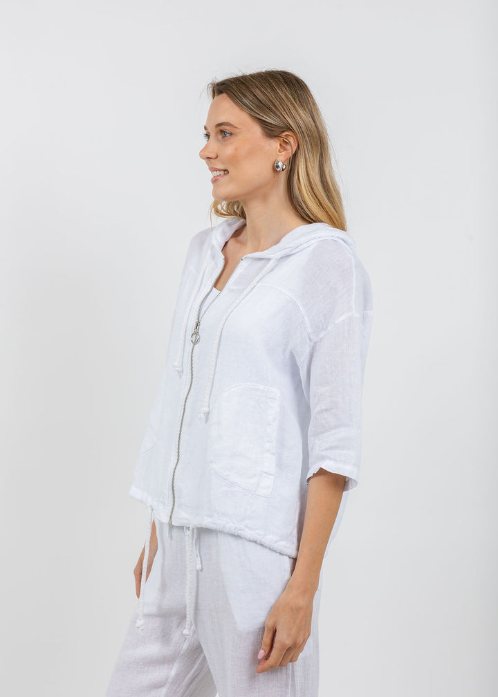 Elliott Lauren Zip Front Linen Jacket in White available at Barbara Katz