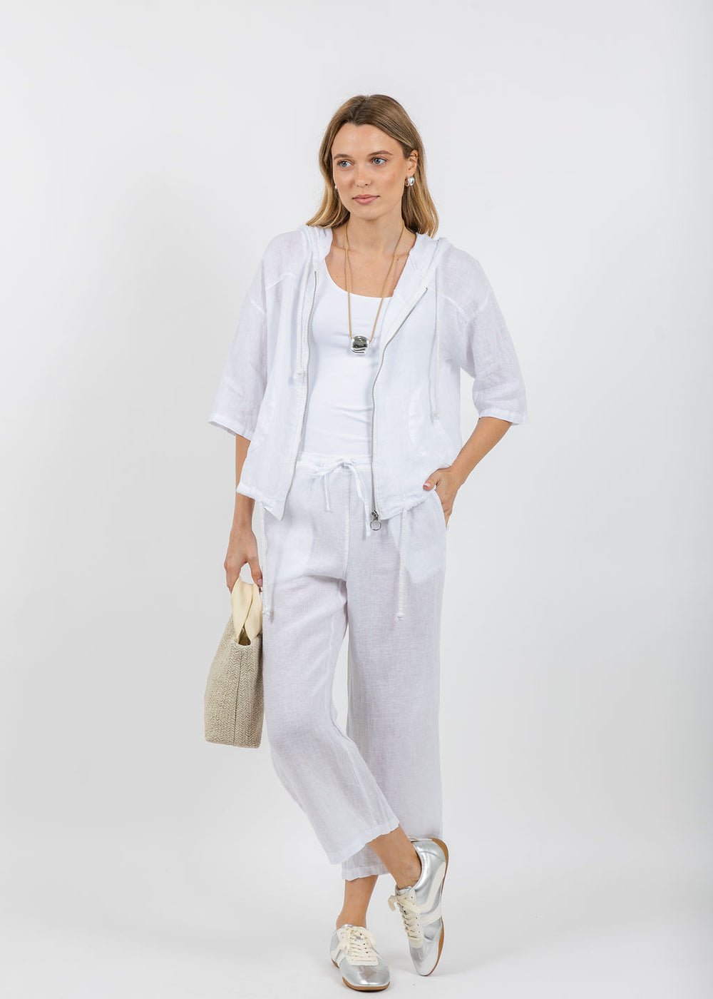 Elliott Lauren Zip Front Linen Jacket in White paired with matching Drawstring Pull-On Crop Linen Pants available at Barbara Katz