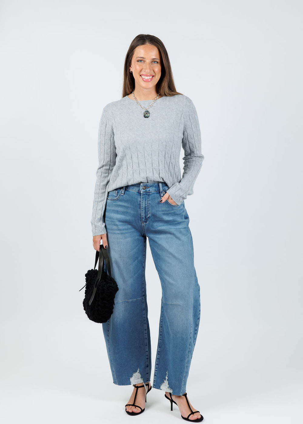 Elliott Lauren Cable Knit Sweater in Grey paired with MAC Dakota Barrel Leg Jeans in Medium Denim available at Barbara Katz