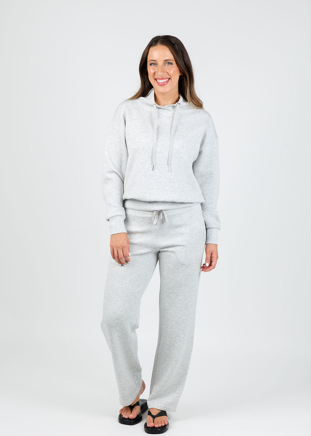 Elliott Lauren Comfort Zone Cowl Sweater in Grey paired with matching Comfort Zone Sweatpants available at Barbara Katz