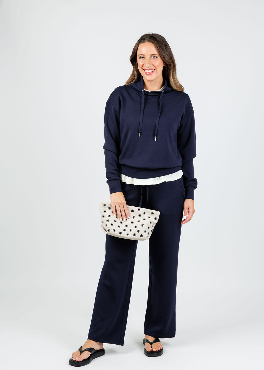 Elliott Lauren Comfort Zone Cowl Sweater in Navy paired with matching Comfort Zone Sweatpants available at Barbara Katz
