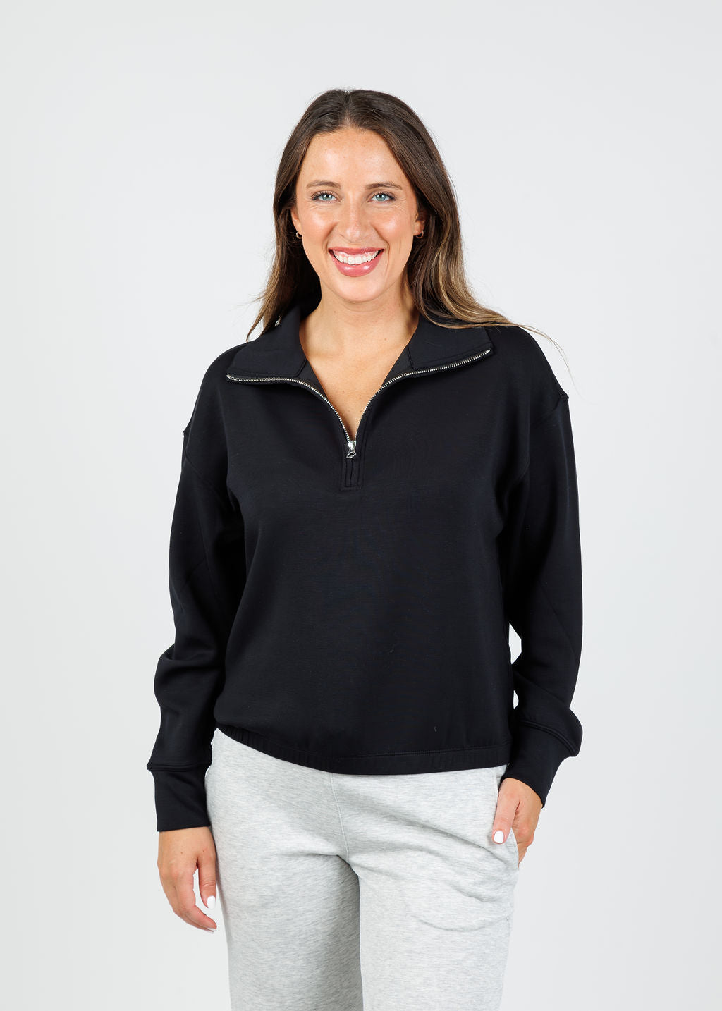 Elliott Lauren Comfort Zone Half Zip Sweatshirt in Black available at Barbara Katz