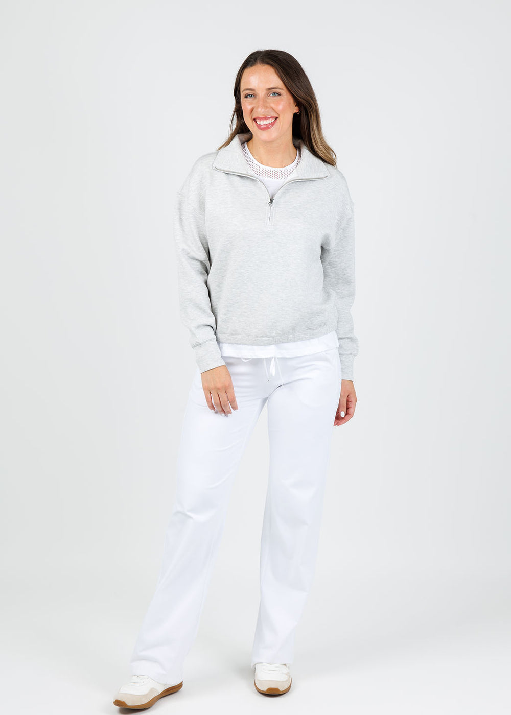 Elliott Lauren Comfort Zone Half Zip Sweatshirt in Grey paired with Raffaello Rossi Candice Pants in White available at Barbara Katz