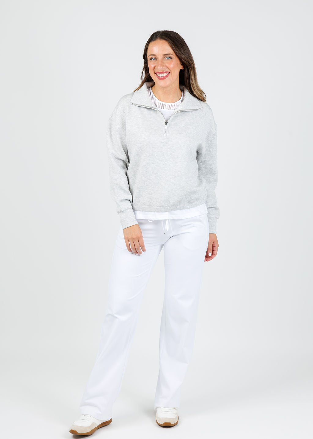 Elliott Lauren Comfort Zone Half Zip Sweatshirt in Grey paired with Raffaello Rossi Candice Pants in White available at Barbara Katz