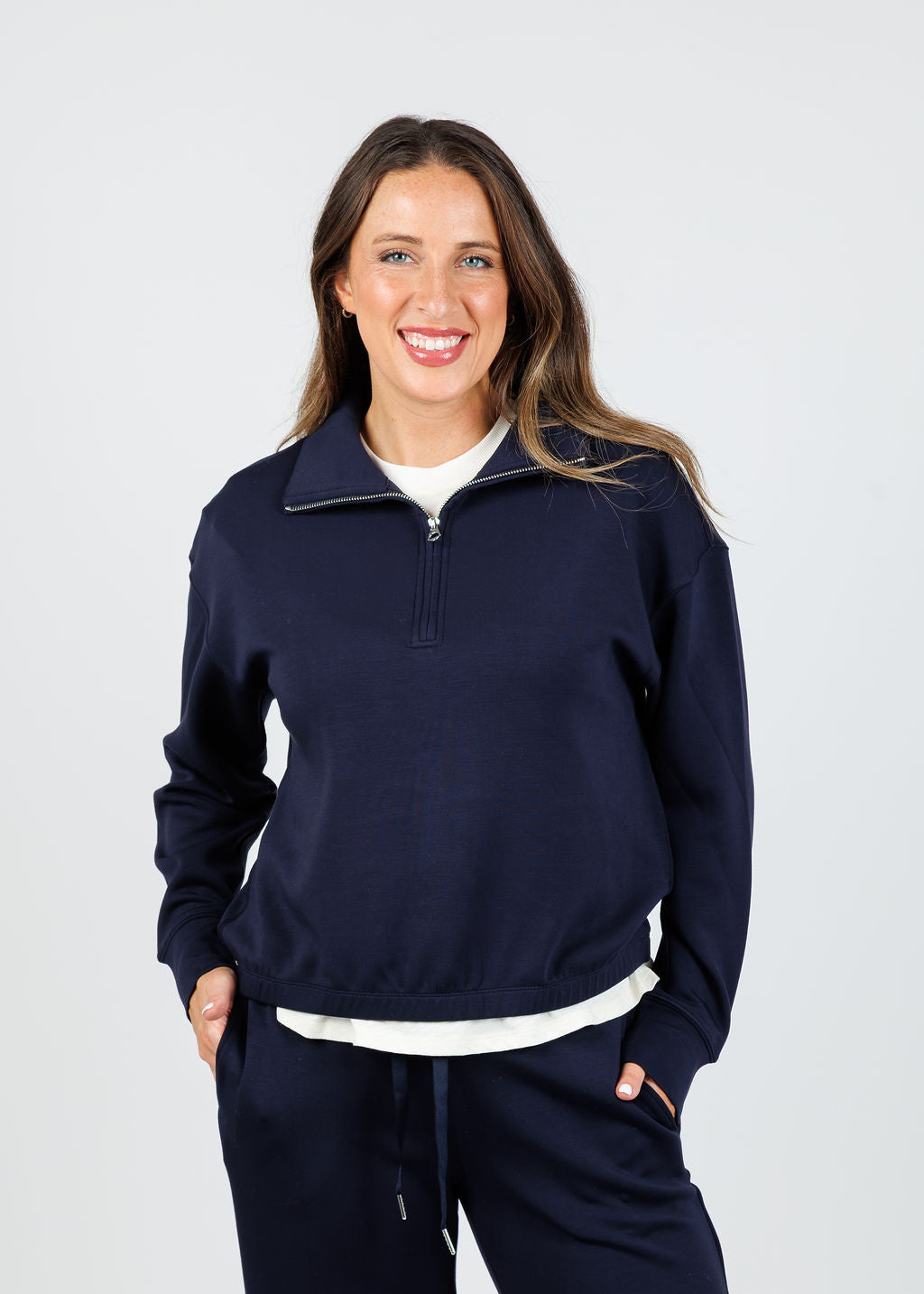 Elliott Lauren Comfort Zone Half Zip Sweatshirt in Navy available at Barbara Katz