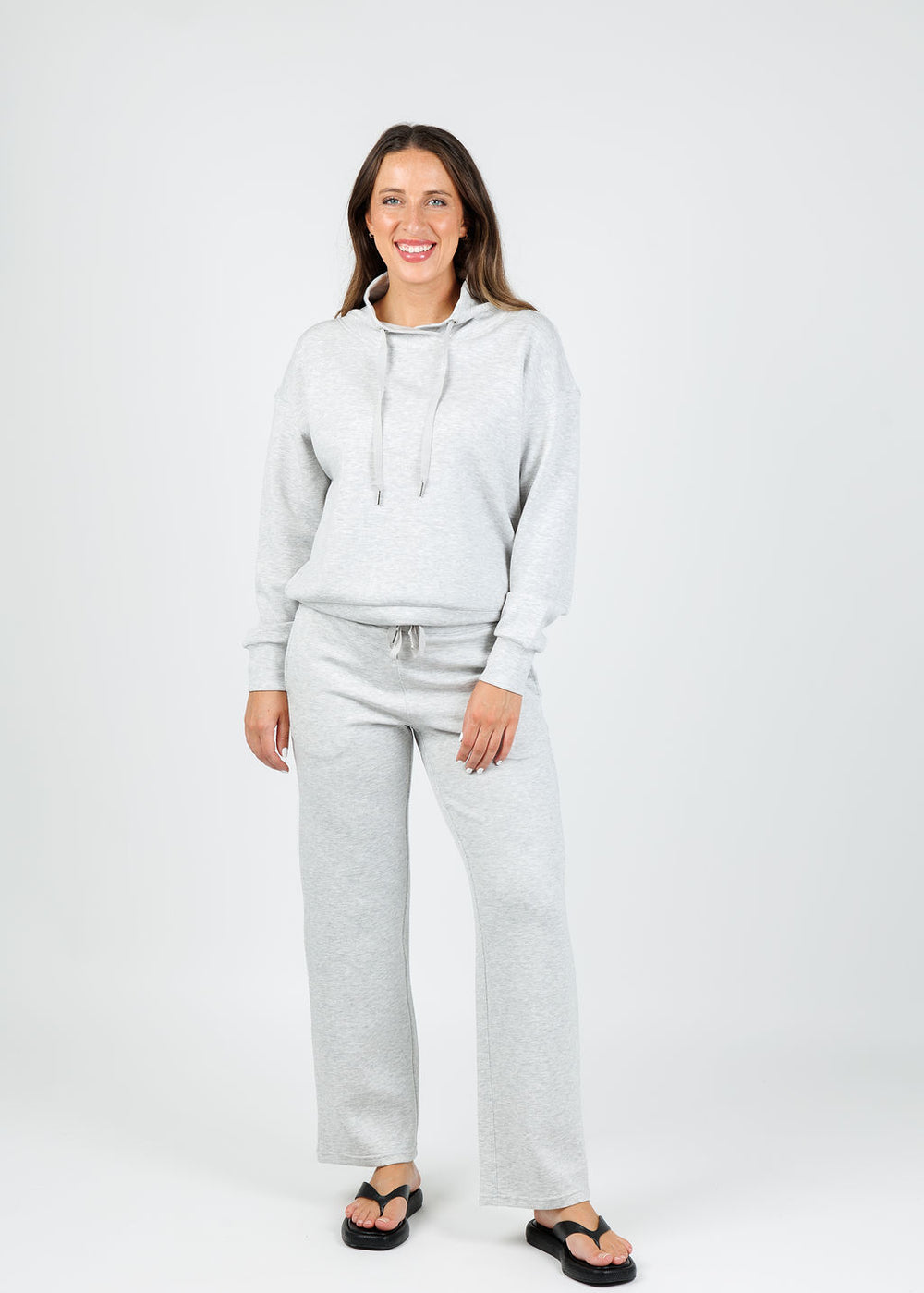 Elliott Lauren Comfort Zone Cowl Sweater in Grey paired with matching Comfort Zone Sweatpants available at Barbara Katz