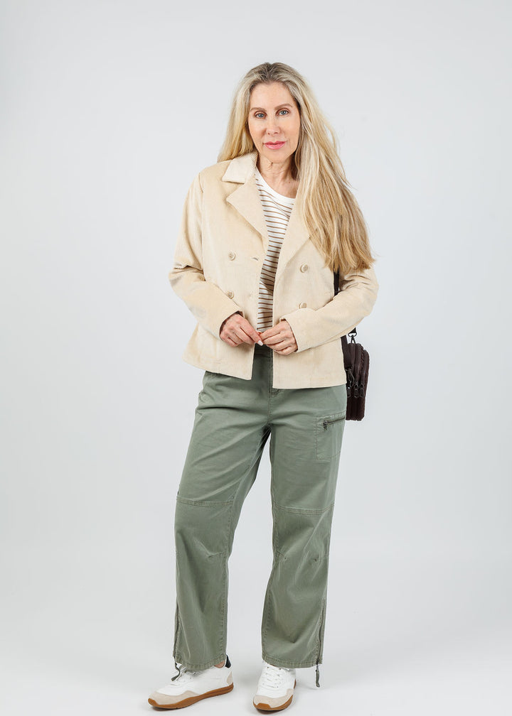 Elliott Lauren Corduroy Double-Breasted Jacket in Natural paired with Marrakech Cyprus Pants in Vetiver available at Barbara Katz