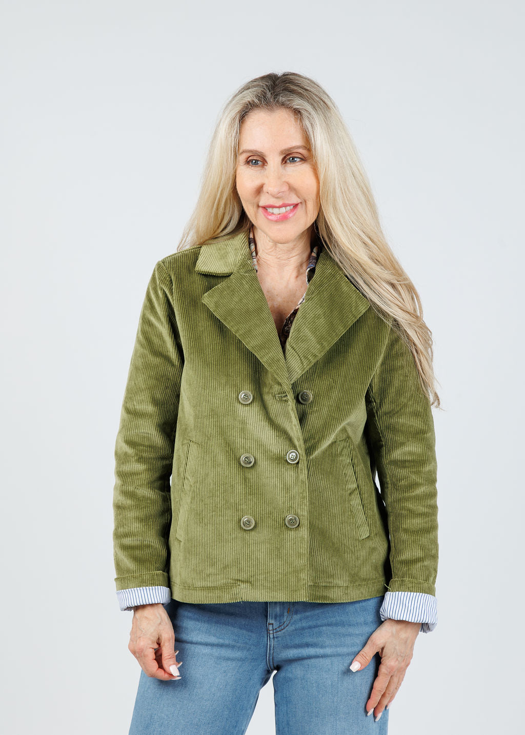 Elliott Lauren Corduroy Double-Breasted Jacket in Olive available at Barbara Katz