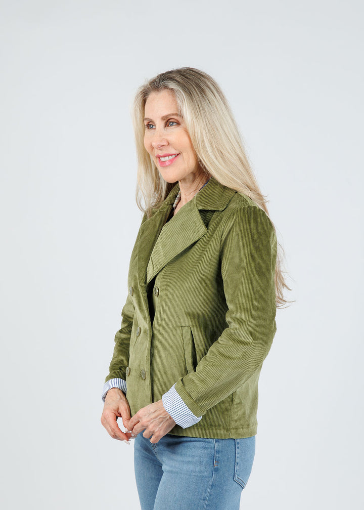 Elliott Lauren Corduroy Double-Breasted Jacket in Olive available at Barbara Katz
