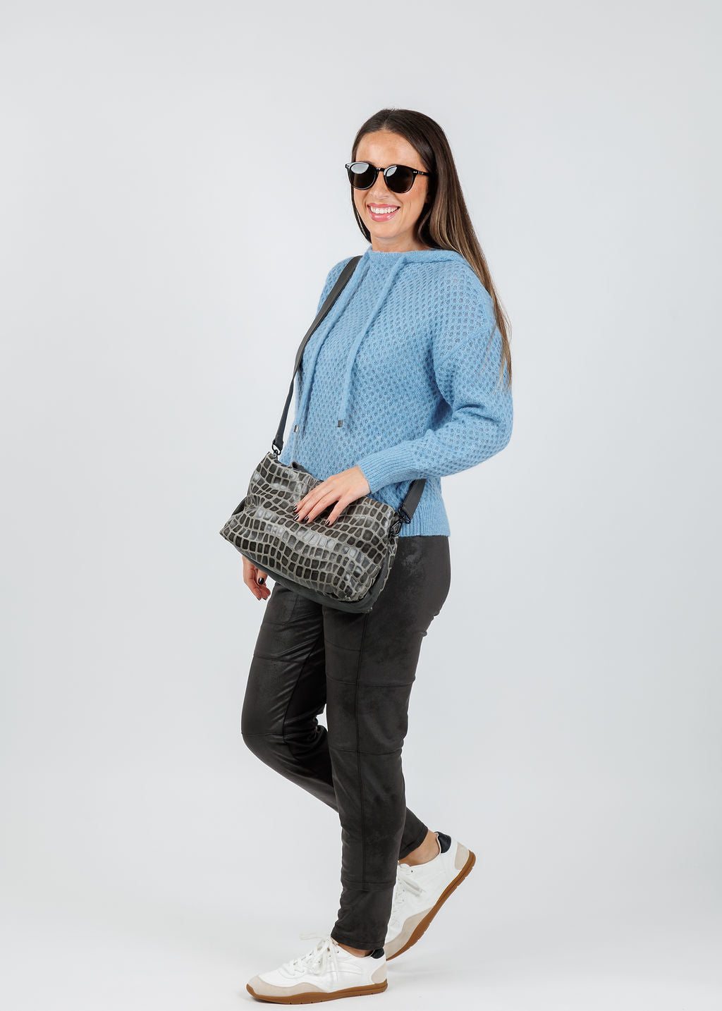 Elliott Lauren Honeycomb Cable Stitch Hoodie in Blue available at Barbara Katz