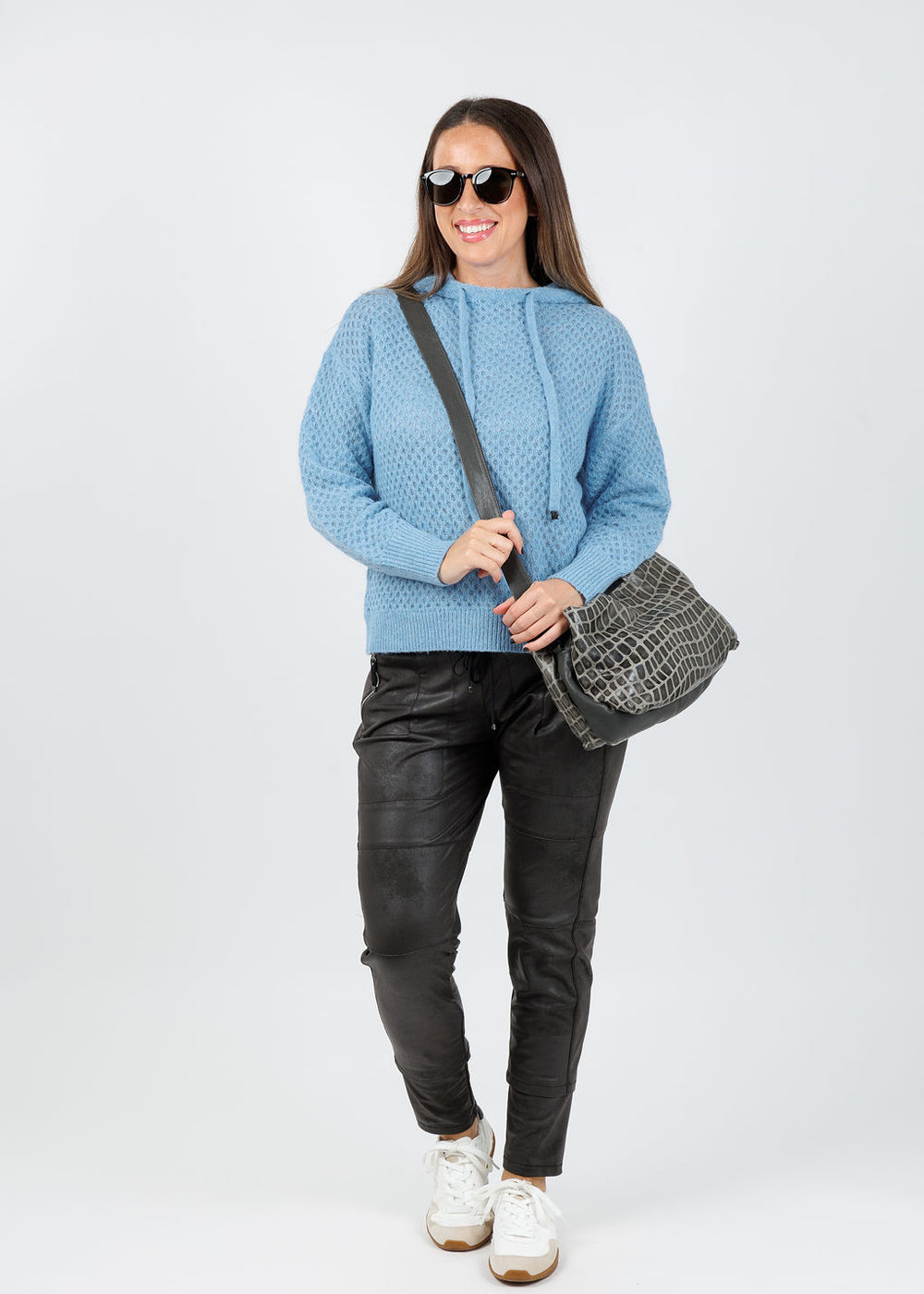 Elliott Lauren Honeycomb Cable Stitch Hoodie in Blue available at Barbara Katz