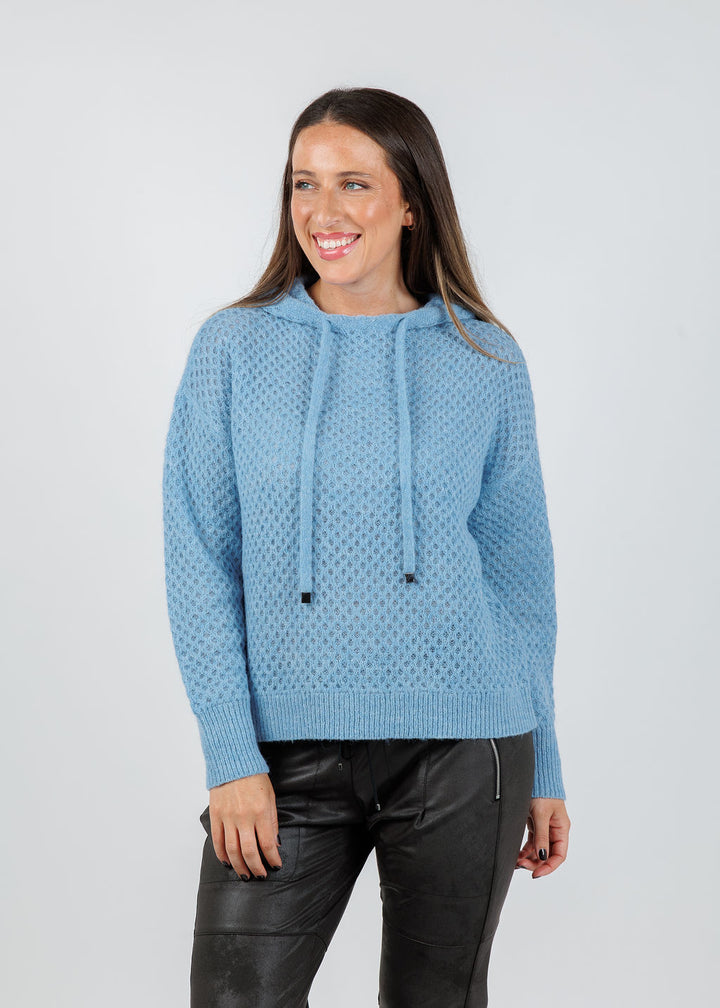 Elliott Lauren Honeycomb Cable Stitch Hoodie in Blue available at Barbara Katz