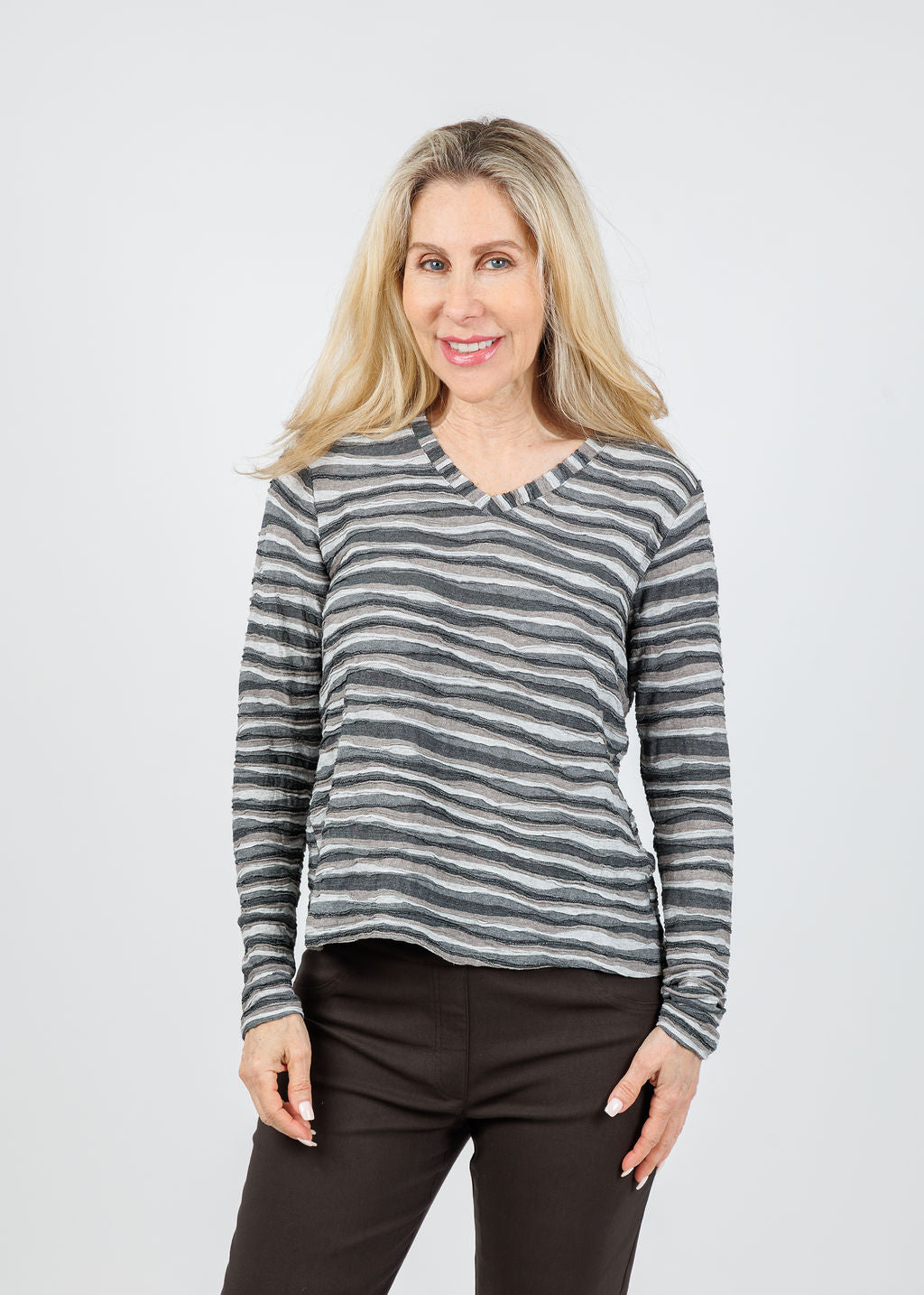 Elliott Lauren Silver Lining V Neck Top in Grey available at Barbara Katz