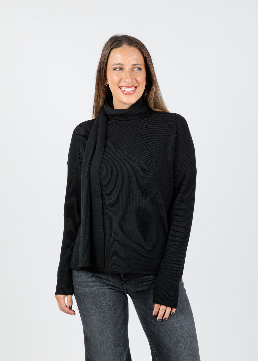 Elliott Lauren Wrap Scarf Sweater in Black available at Barbara Katz