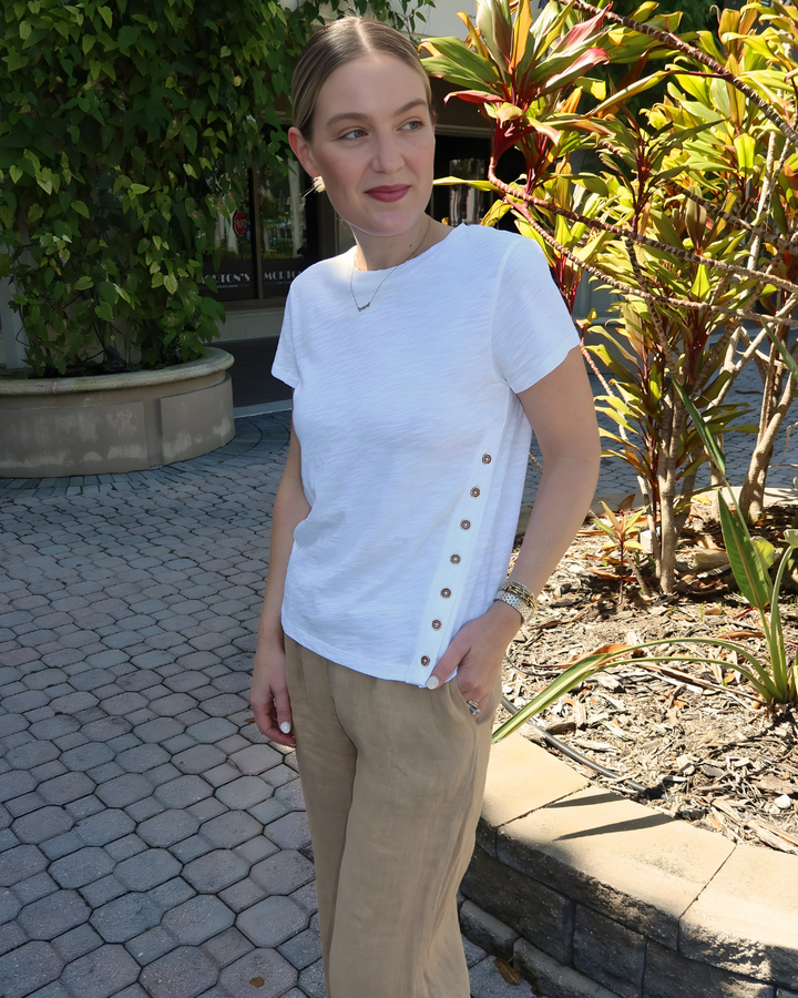 Elliott Lauren Asymmetric Button Detail Tee in White available at Barbara Katz