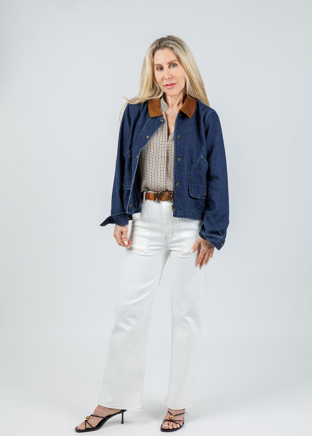Elliott Lauren Denim Barn Jacket paired with Frame The Trapunto Straight Denim Trouser in Au Natural Clean available at Barbara Katz