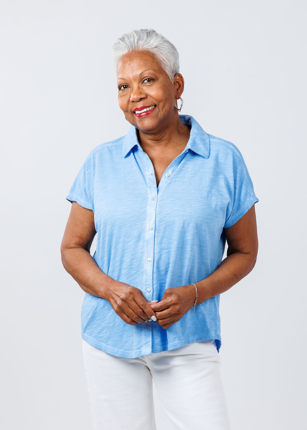 Elliott Lauren Charlotte Button Front Tee With Collar in Denim available at Barbara Katz