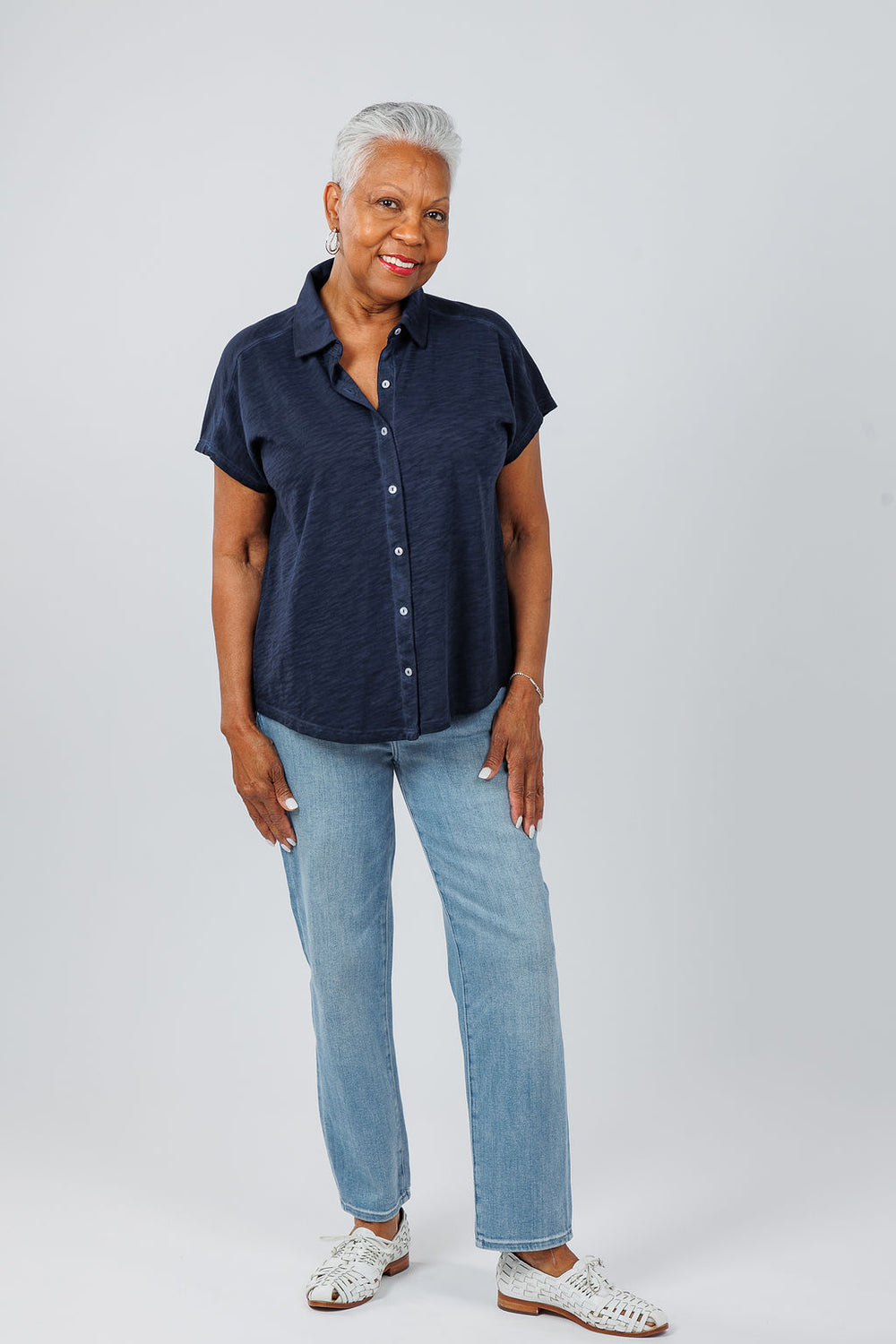 Elliott Lauren Charlotte Button Front Tee With Collar in Navy available at Barbara Katz