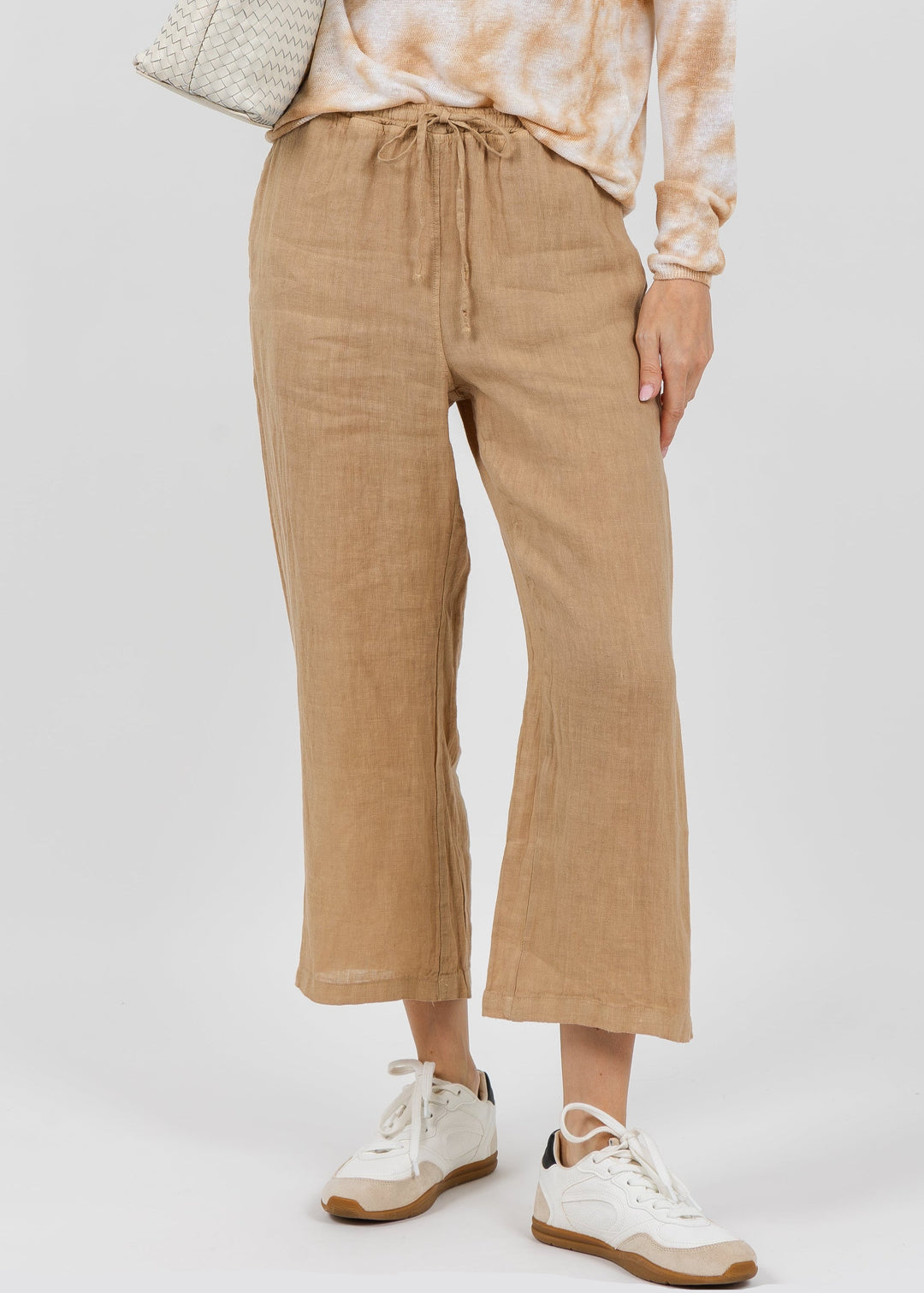 Elliott Lauren Drawstring Pull-On Crop Linen Pants in Macchiato available at Barbara Katz