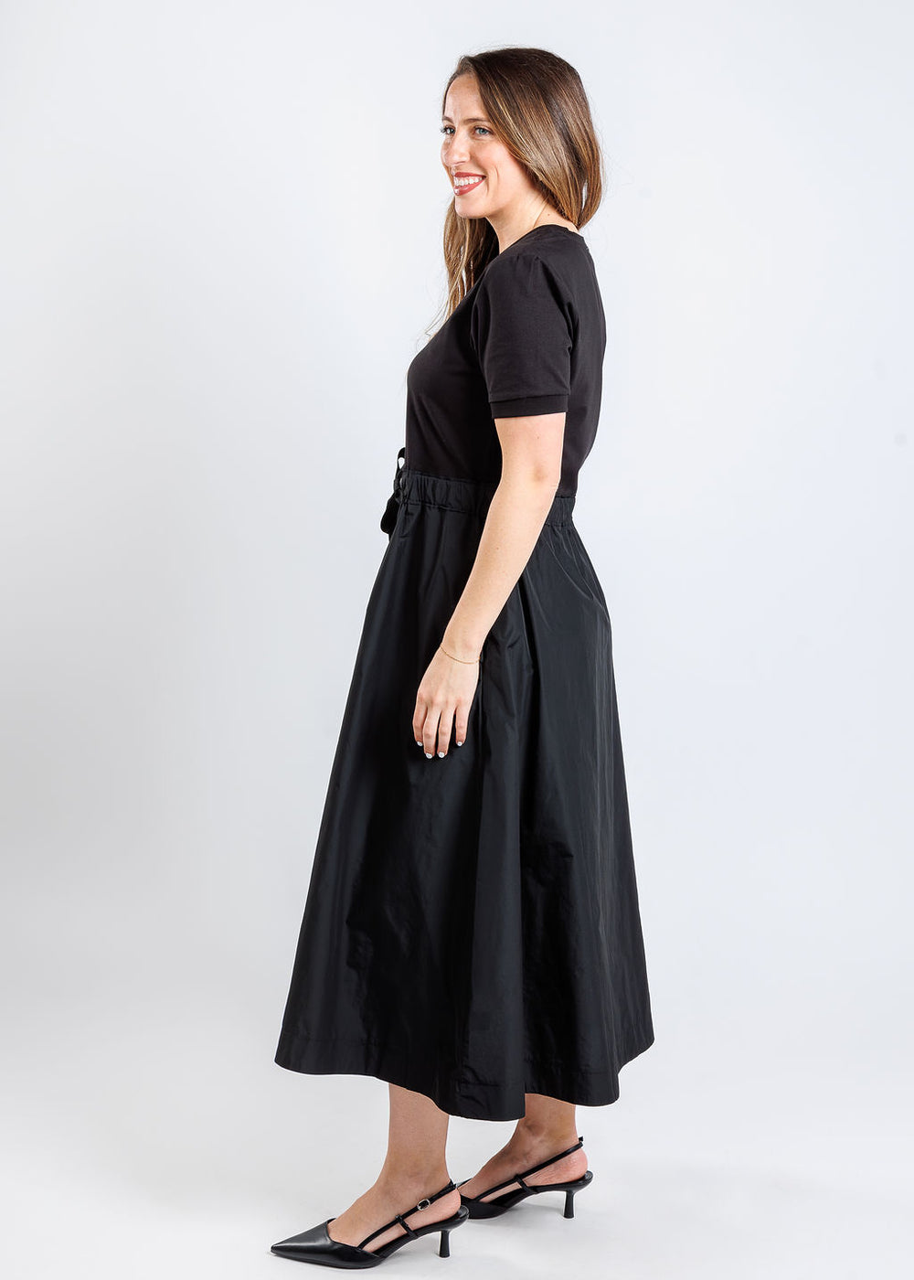 Elliott Lauren Mixed Media Midi Dress With Drawstring in Black available at Barbara Katz