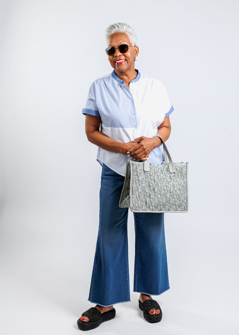 Elliott Lauren Patchwork Button Front Shirt in Blue/White paired with MAC Dream Wide Crop Jeans in Denim, Anita Bilardi Shopping Jacquard Handbag in Grey available at Barbara Katz