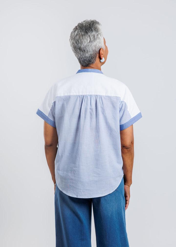 Elliott Lauren Patchwork Button Front Shirt in Blue/White available at Barbara Katz