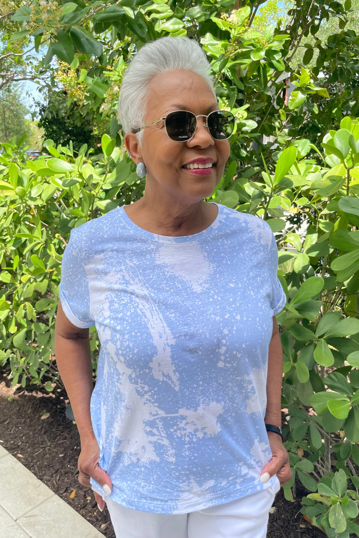Elliott Lauren Tide Pool Tee With Printed Bleached Effect in Whisper Blue available at Barbara Katz