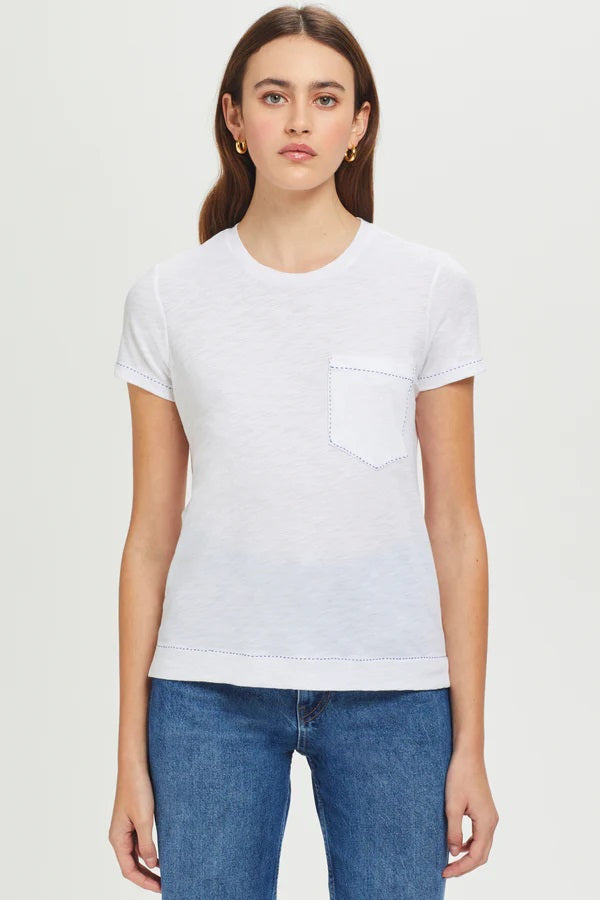 Embroidered Pocket Tee - White/Navy Peony