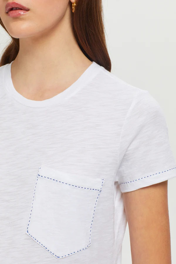 Embroidered Pocket Tee - White/Navy Peony