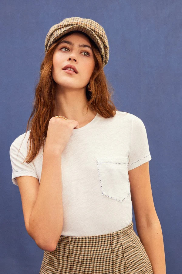 Embroidered Pocket Tee - White/Navy Peony