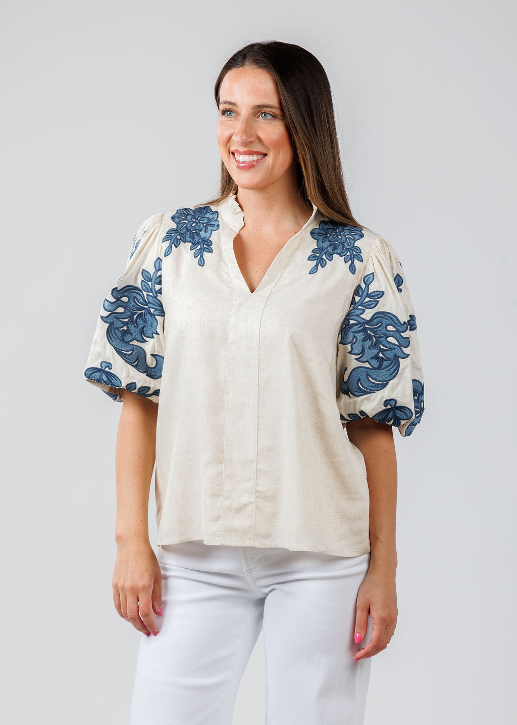 BK Embroidered Puff Sleeve V-Neck Top in Cream/Blue available at Barbara Katz