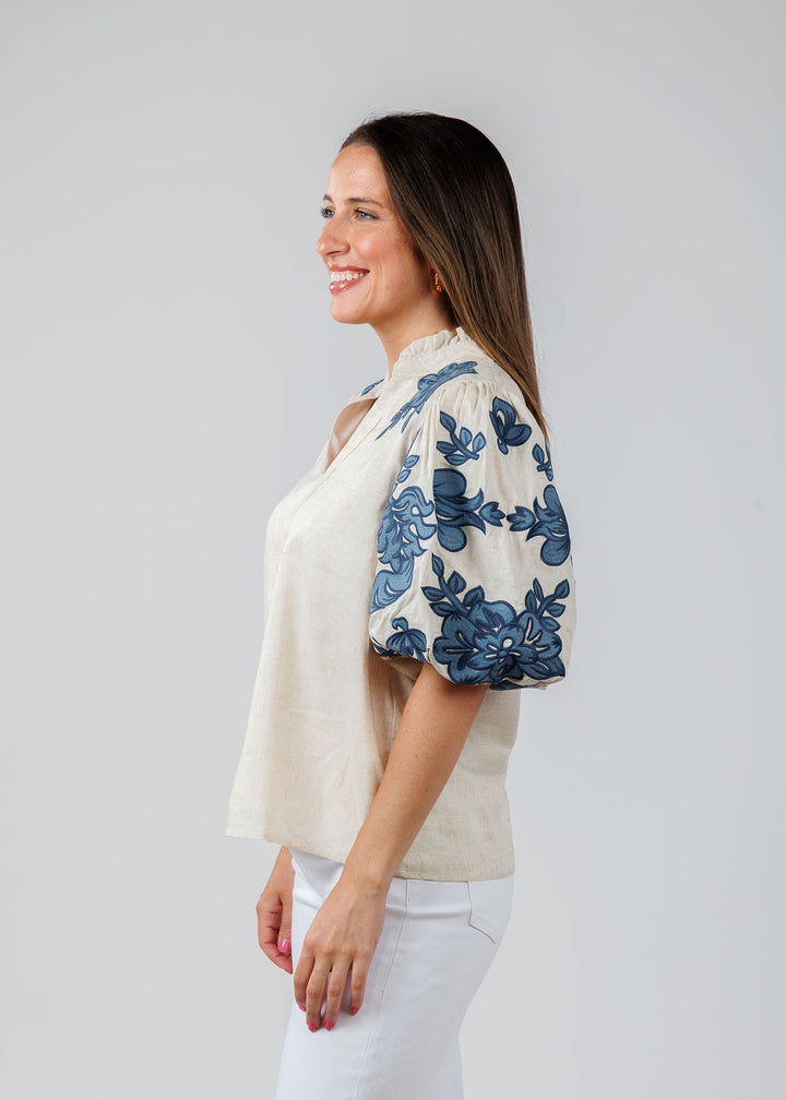 BK Embroidered Puff Sleeve V-Neck Top in Cream/Blue available at Barbara Katz
