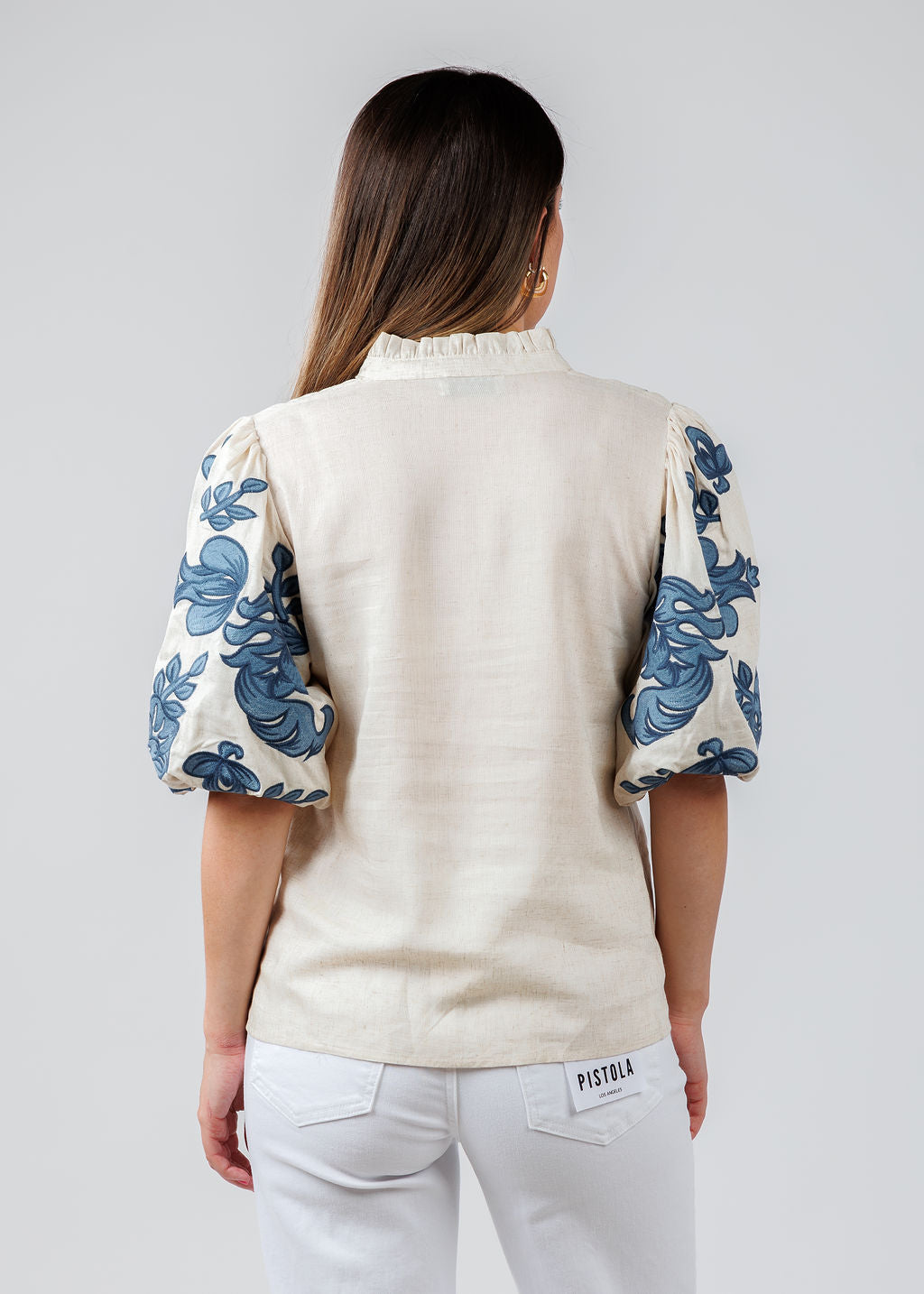 BK Embroidered Puff Sleeve V-Neck Top in Cream/Blue available at Barbara Katz