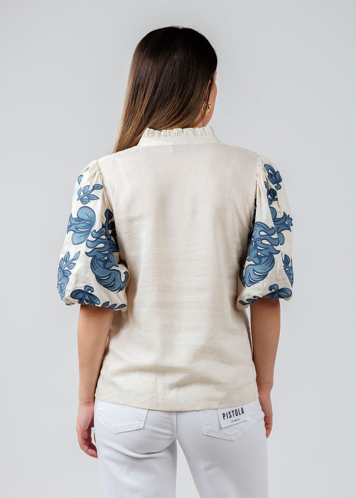 BK Embroidered Puff Sleeve V-Neck Top in Cream/Blue available at Barbara Katz