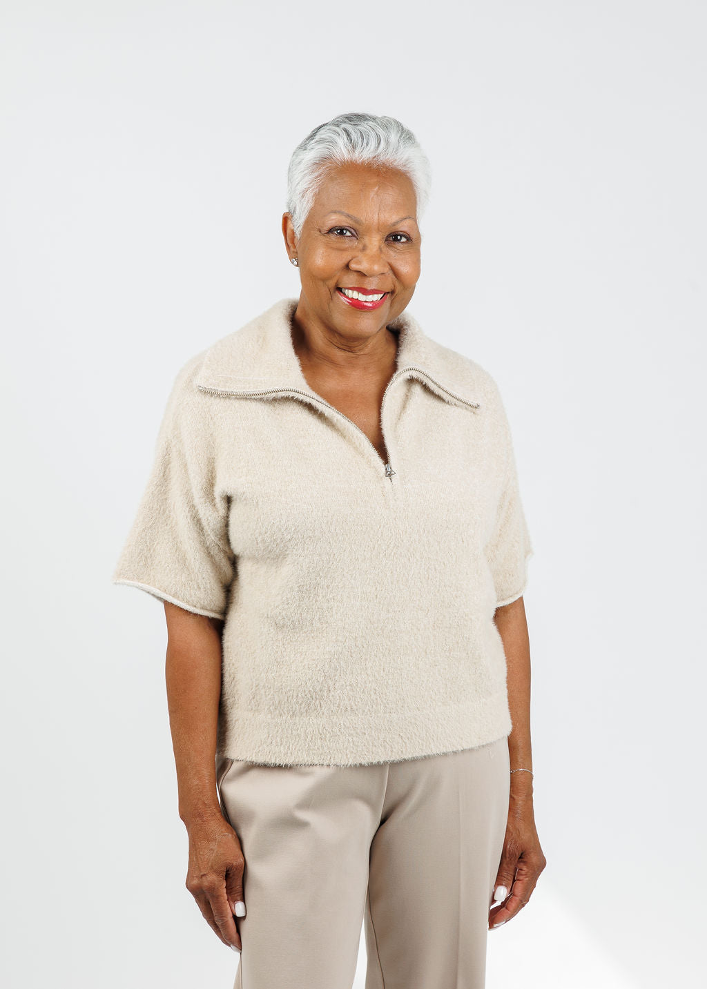 Esme Short Sleeve Half Zip Top in Taupe Mix available at Barbara Katz